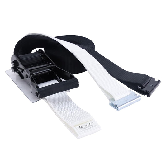 ラッシングベルト 50mm幅 Rフック(トラックレール対応) ブラック/ホワイト