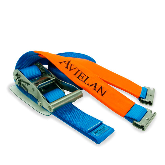 オールステンレス ラッシングベルト 50mm幅 Rフック(トラックレール対応) ブルー