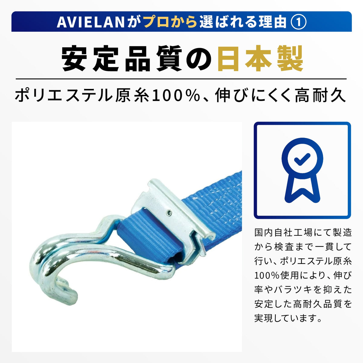 ラッシングベルト 50mm幅 RJフック(トラックレール対応) ブルー メリット 1